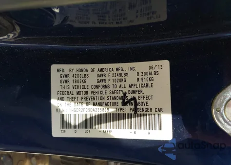 2013 Honda Accord Lx из США, поврежденный, VIN 1HGCR2F39DA235899